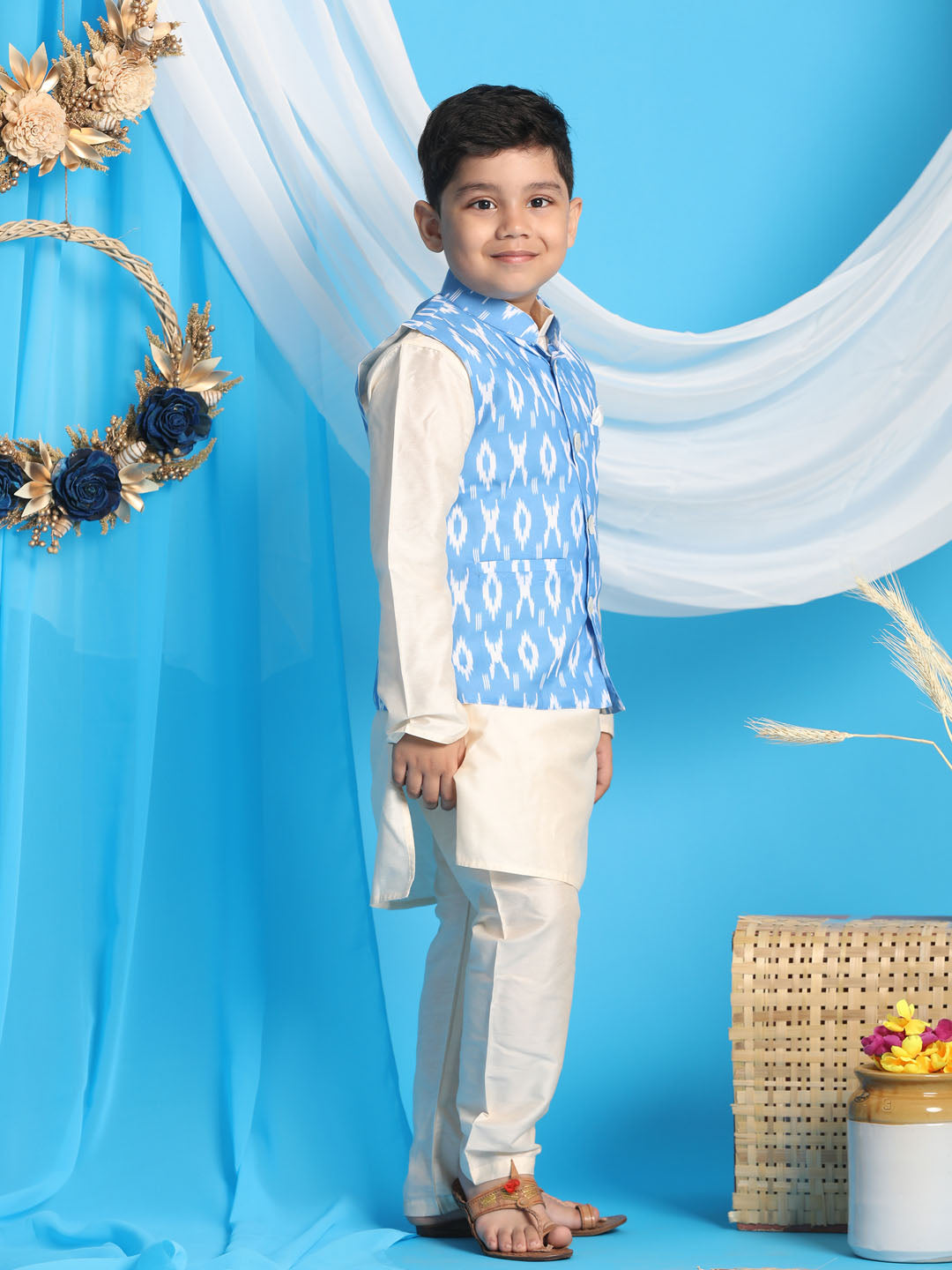 VASTRAMAY Boys' Aqua Nehru Jacket With Cream Kurta Pyjama set