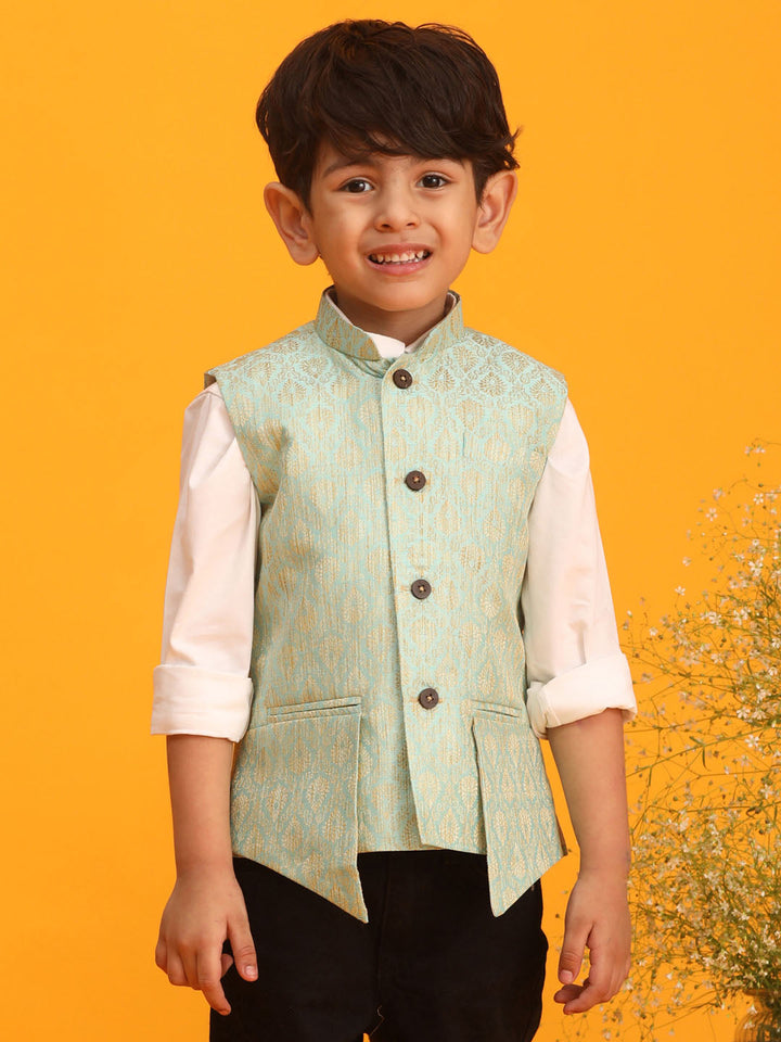 VASTRAMAY Boys Green Woven Design Flap Ethnic Jacket