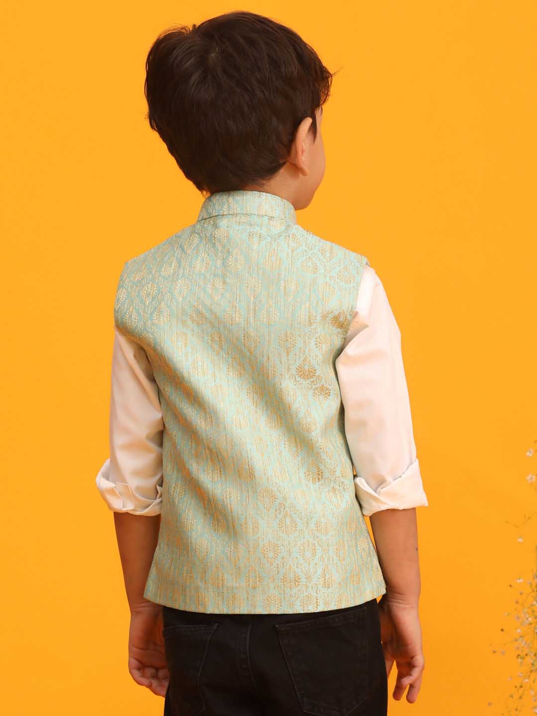 VASTRAMAY Boys Green Woven Design Flap Ethnic Jacket