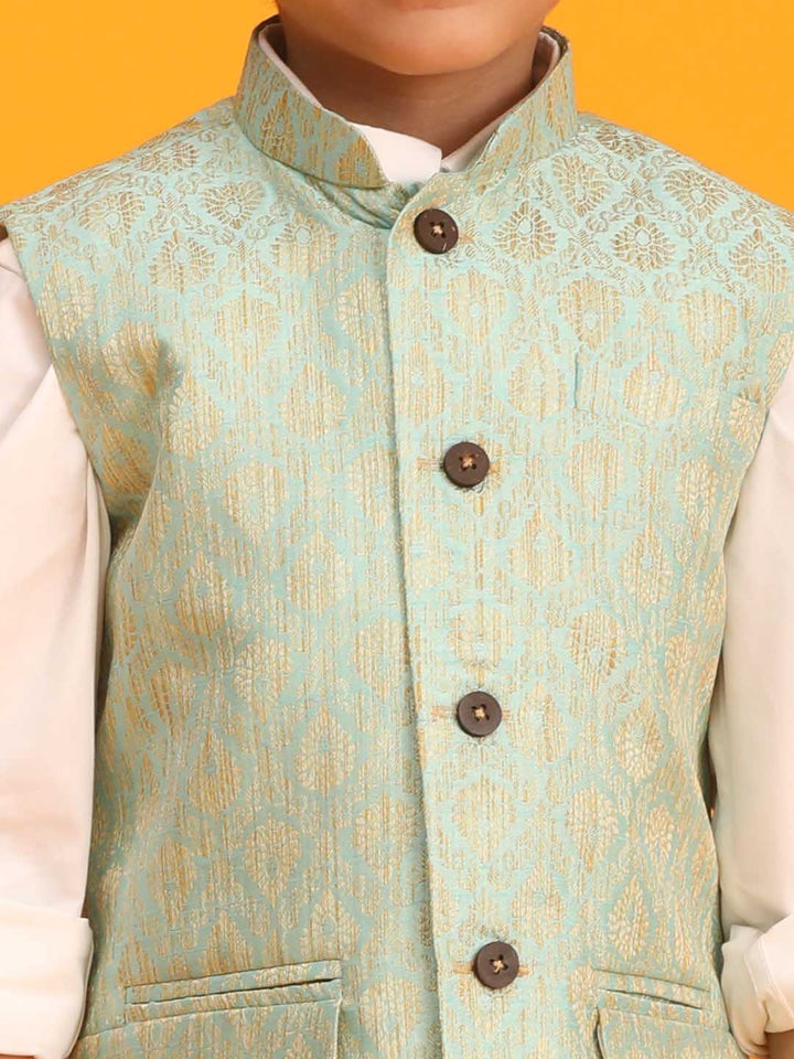 VASTRAMAY Boys Green Woven Design Flap Ethnic Jacket