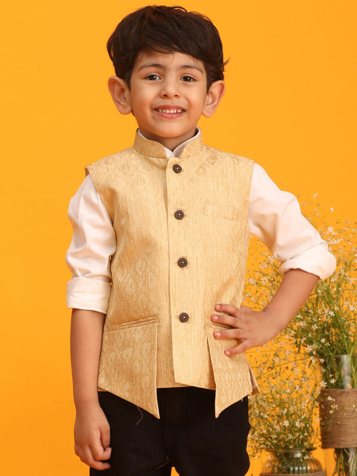 VASTRAMAY Boys Gold Woven Design Flap Ethnic Jacket