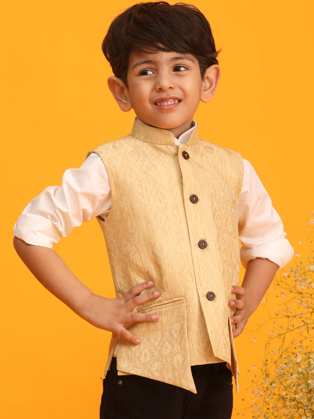 VASTRAMAY Boys Gold Woven Design Flap Ethnic Jacket