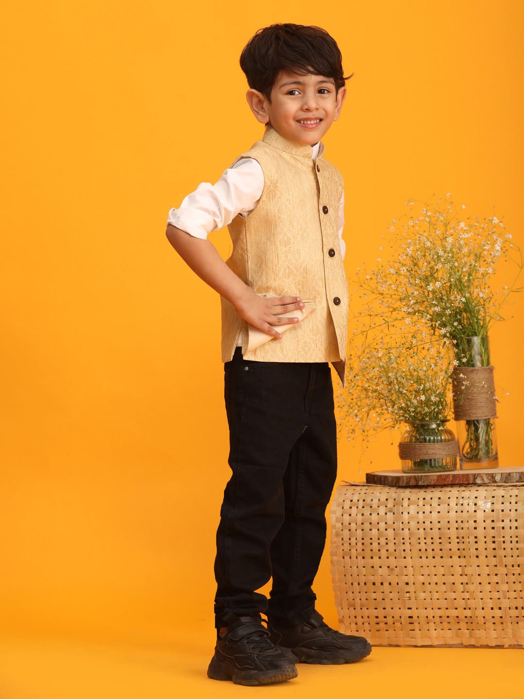 VASTRAMAY Boys Gold Woven Design Flap Ethnic Jacket