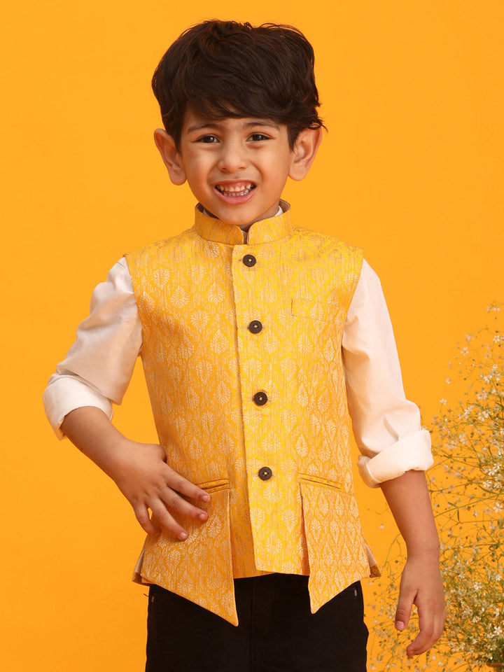 VASTRAMAY Boys Yellow Woven Design Flap Ethnic Jacket