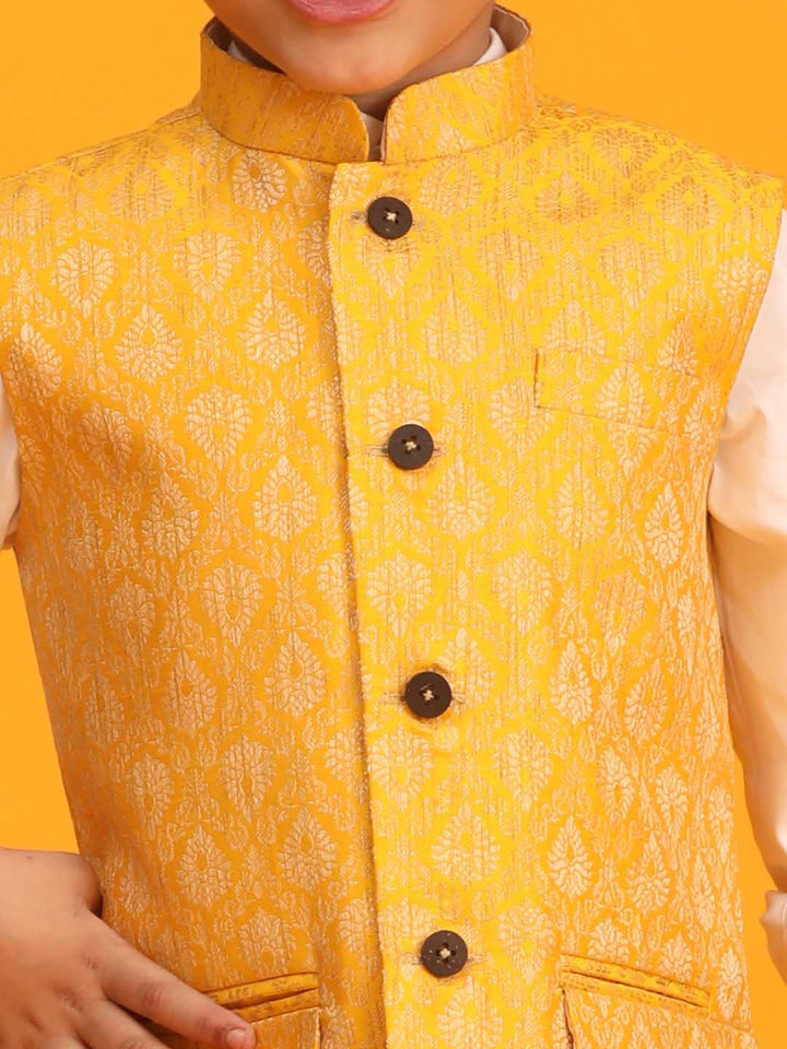 VASTRAMAY Boys Yellow Woven Design Flap Ethnic Jacket