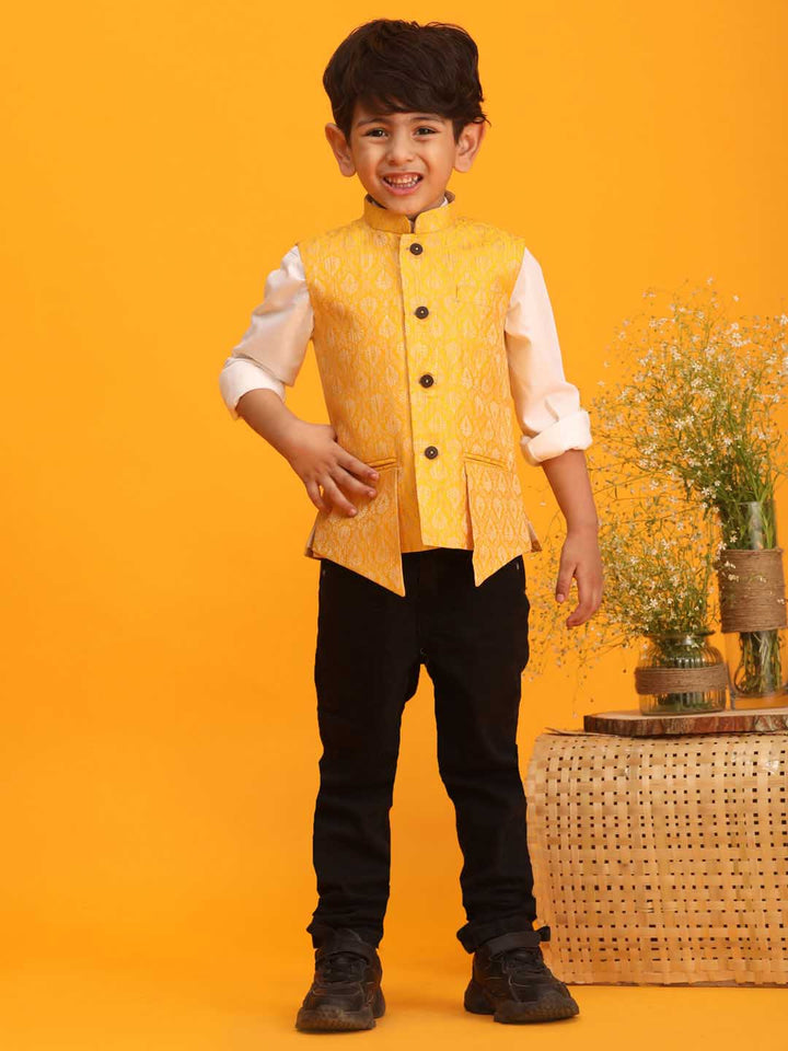 VASTRAMAY Boys Yellow Woven Design Flap Ethnic Jacket