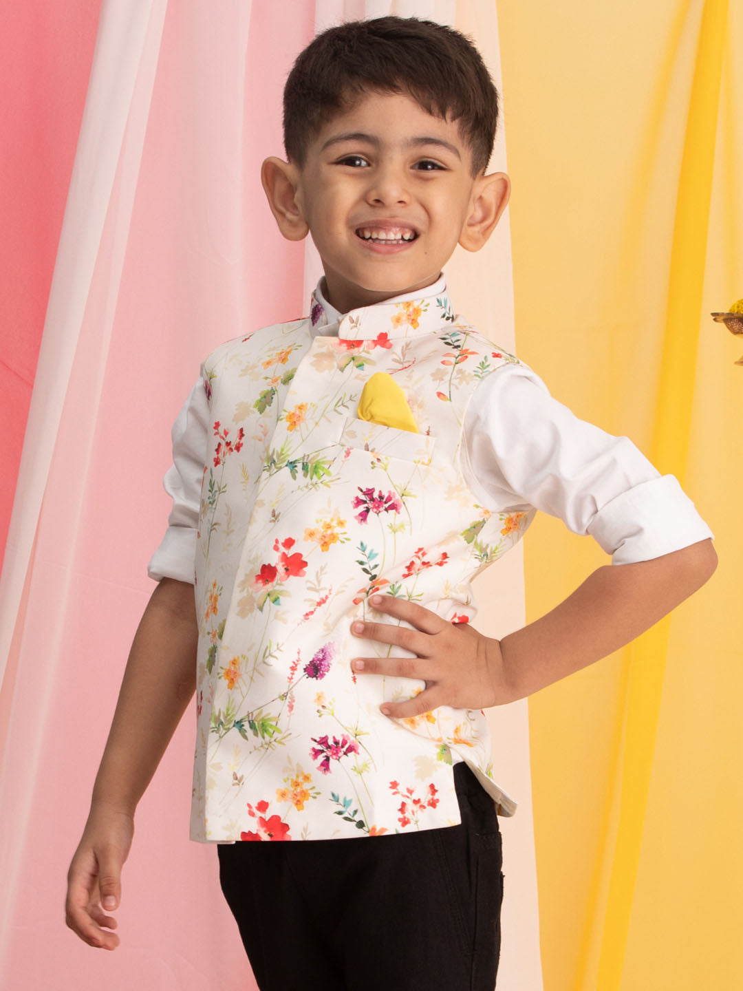 VASTRAMAY Boy's Multicolor Base Cotton Printed Nehru Jacket