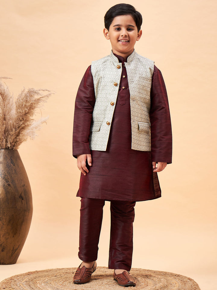 VASTRAMAY Boy's Beige Nehru Jacket With Wine Kurta And Pyjama Set