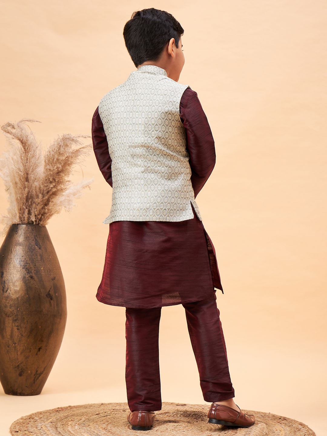 VASTRAMAY Boy's Beige Nehru Jacket With Wine Kurta And Pyjama Set