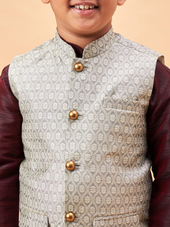 VASTRAMAY Boy's Beige Nehru Jacket With Wine Kurta And Pyjama Set