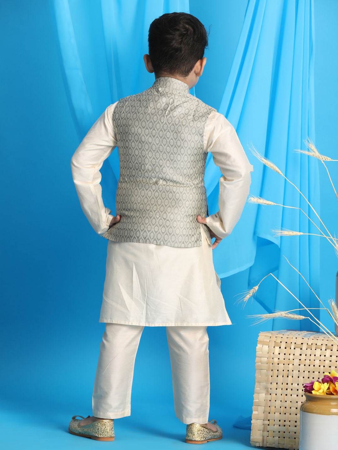 VASTRAMAY Beige Woven Jacket With Cream Kurta and Pyjama Baap Beta Set