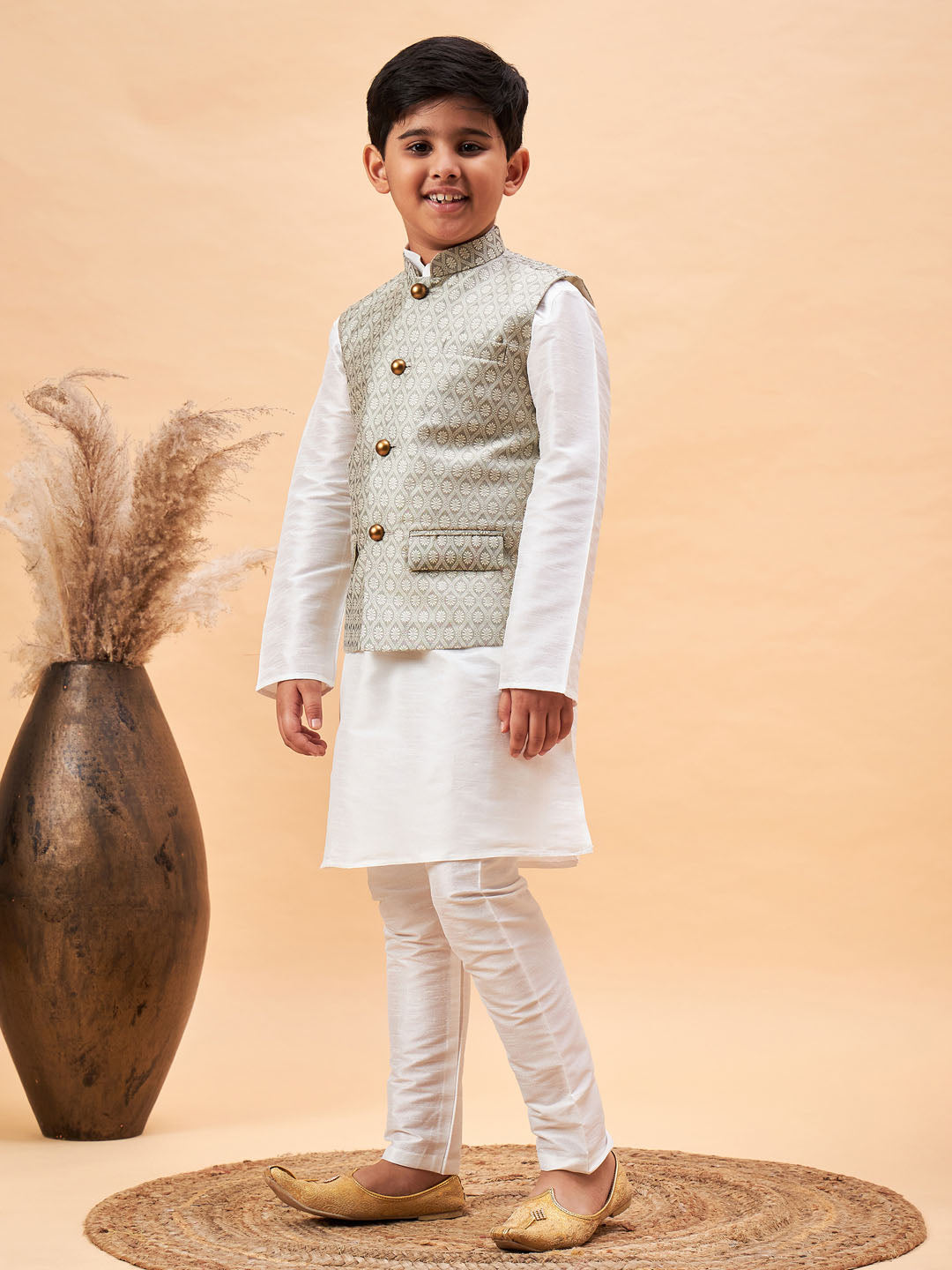 VASTRAMAY Boy's Beige Woven Jacket With White Kurta and Pyjama Set