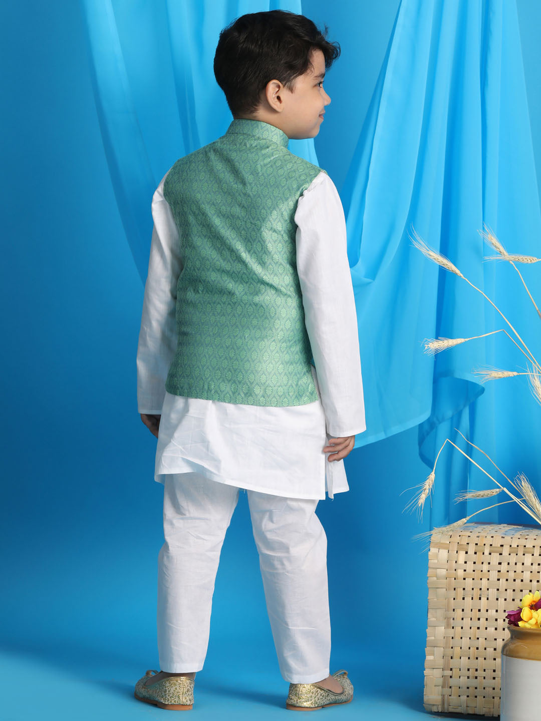 VASTRAMAY Boy's Light Green Woven Jacket With White Kurta and Pyjama Set