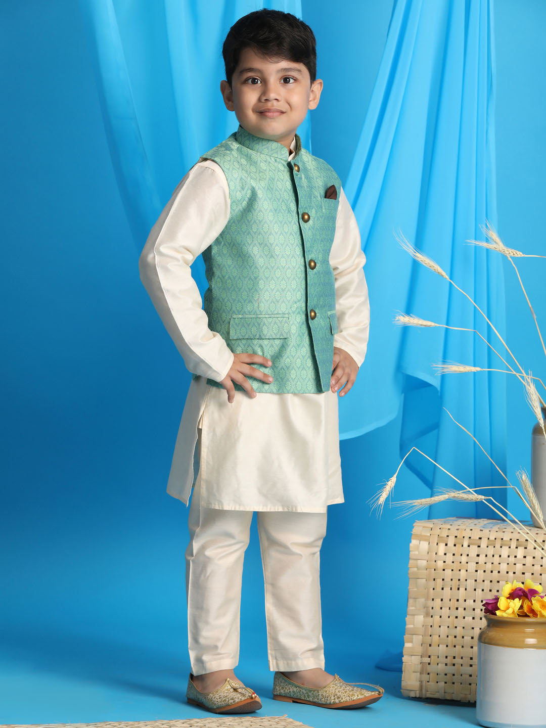 VASTRAMAY Boy's Light Green Woven Jacket With Cream Kurta and Pyjama Set