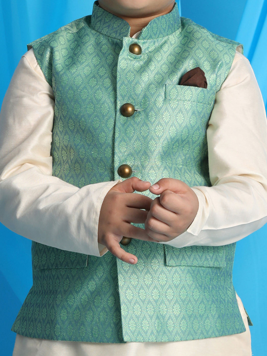 VASTRAMAY Green Woven Jacket With Cream Kurta and Pyjama Baap Beta Set