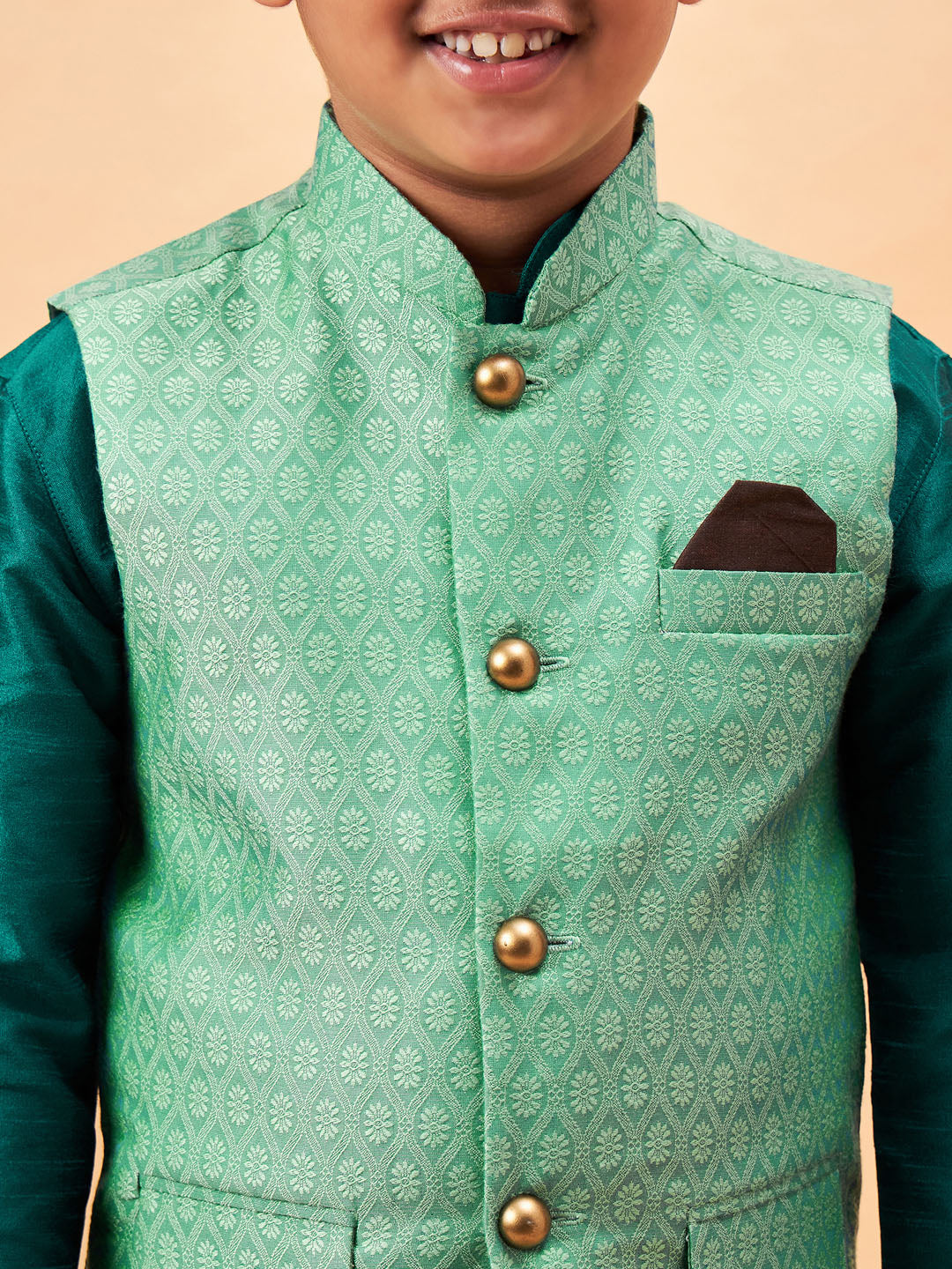 VASTRAMAY Boy's Green Woven Nehru Jacket With Green Kurta Pyjama Set - qivii
