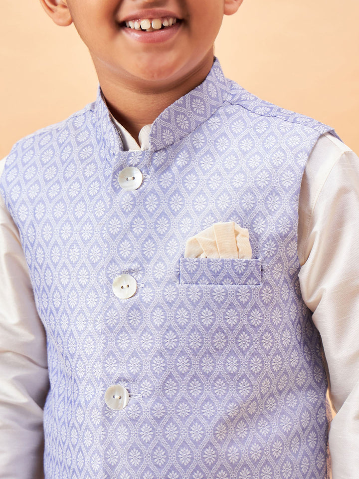 VASTRAMAY Boy's Lavender Woven Jacket With Cream Kurta and Pyjama Set