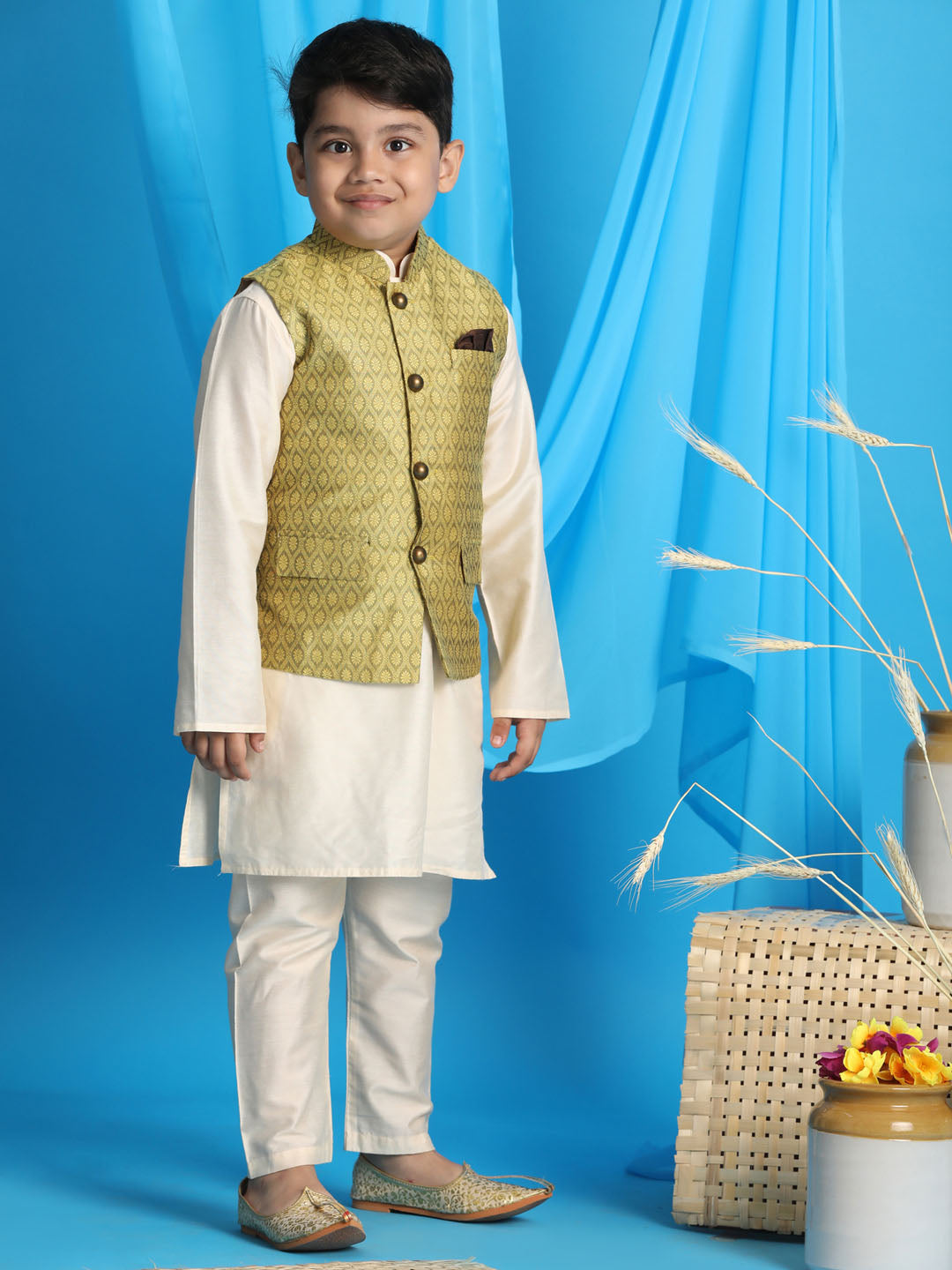 VASTRAMAY Boy's Yellow Woven Jacket With Cream Kurta and Pyjama Set