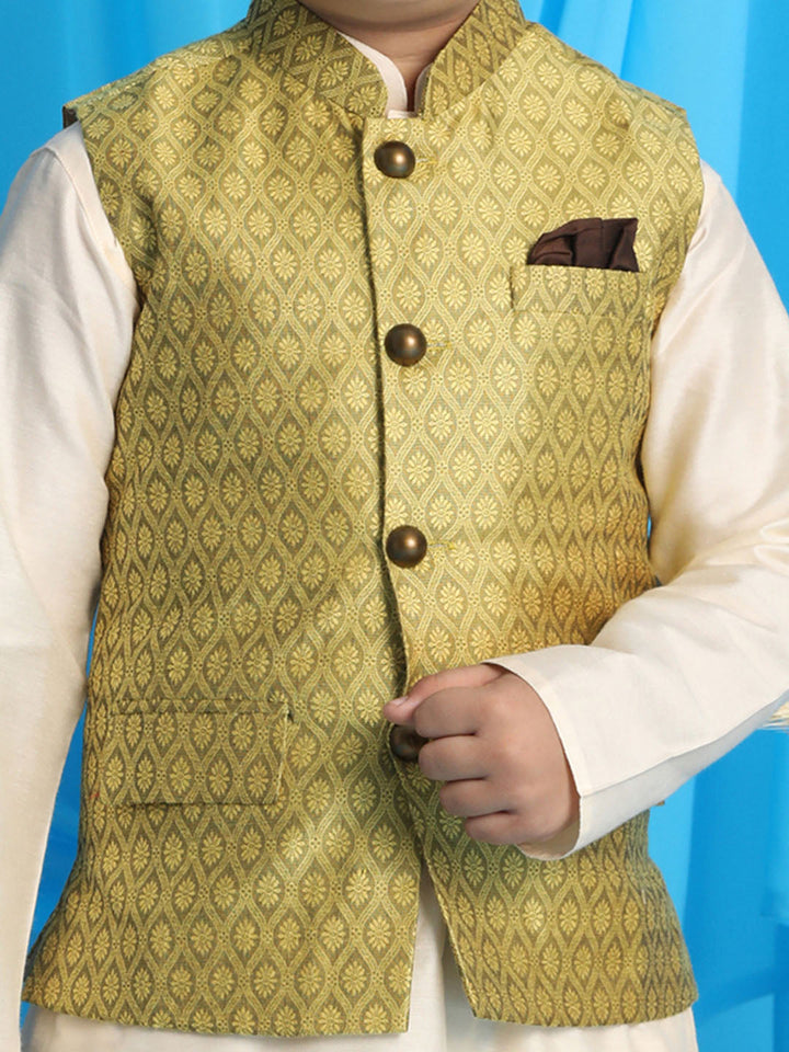 VASTRAMAY Boy's Yellow Woven Jacket With Cream Kurta and Pyjama Set