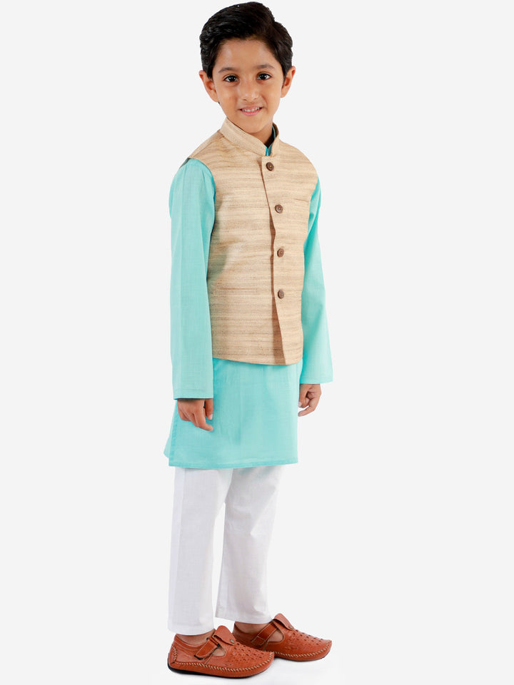 Vastramay Boys Beige, Aqua And White Jacket, Kurta and Pyjama Set