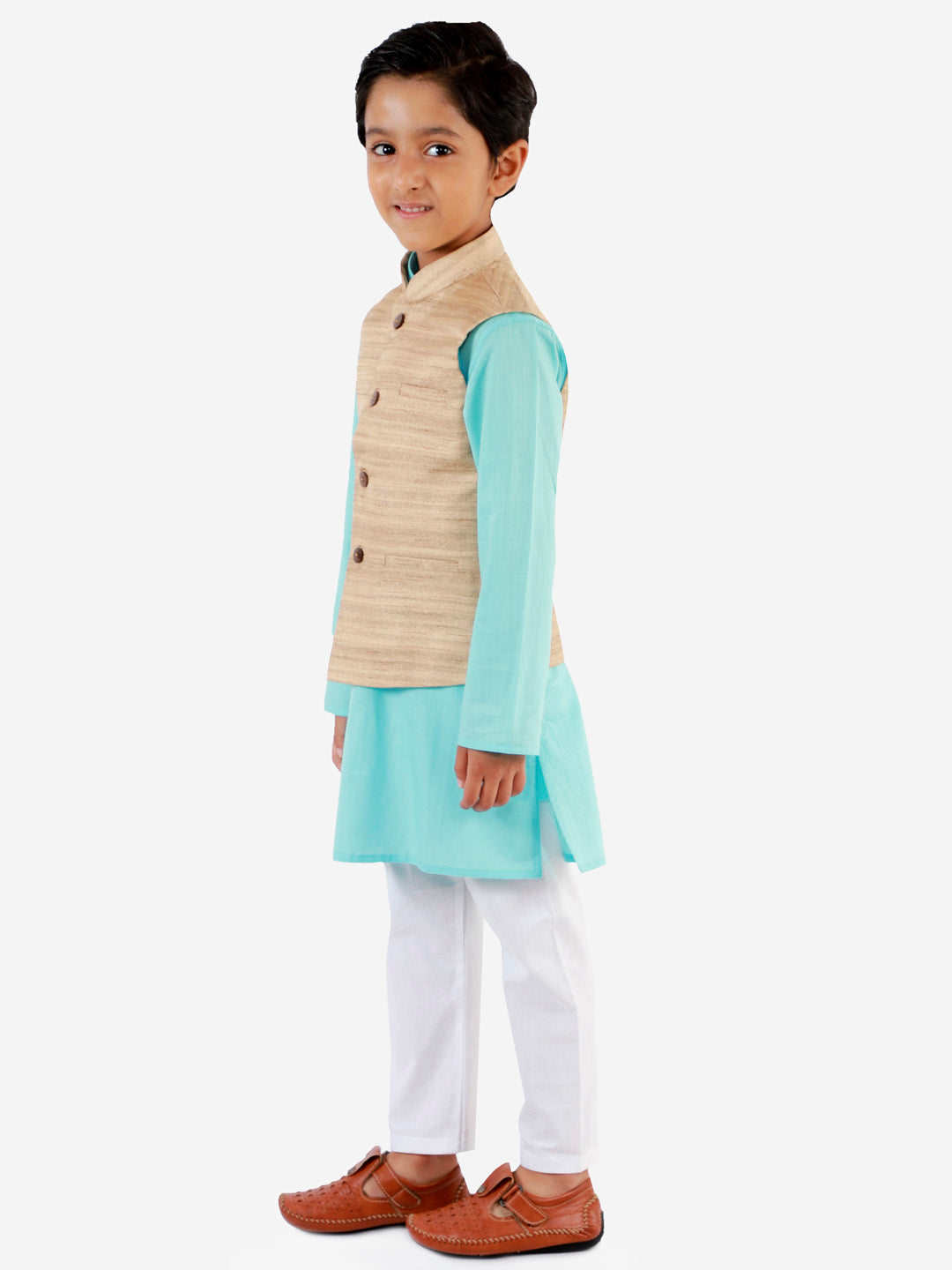 Vastramay Boys Beige, Aqua And White Jacket, Kurta and Pyjama Set