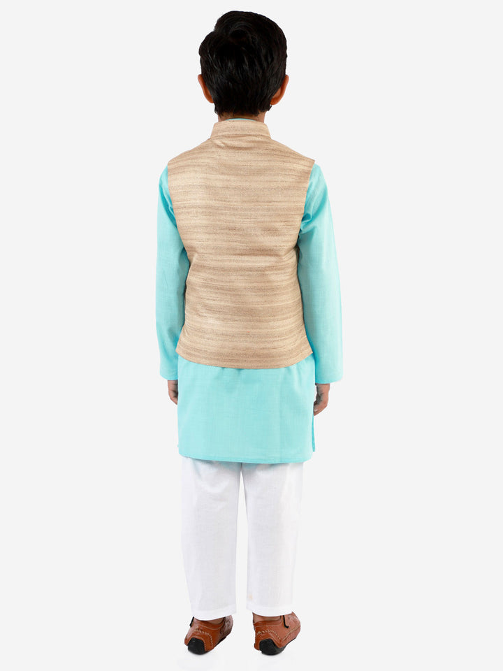 Vastramay Boys Beige, Aqua And White Jacket, Kurta and Pyjama Set