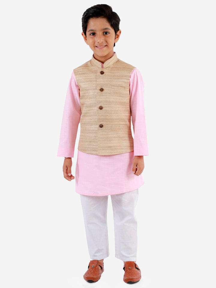 Vastramay Boys Beige, Pink And White Jacket, Kurta and Pyjama Set