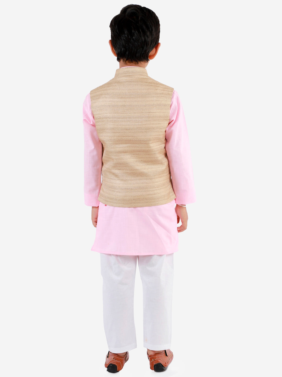 Vastramay Boys Beige, Pink And White Jacket, Kurta and Pyjama Set