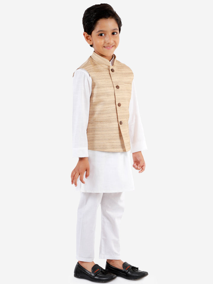 VASTRAMAY Beige Cotton Silk Nehru Jacket & White Kurta Pyjama Baap Beta Set