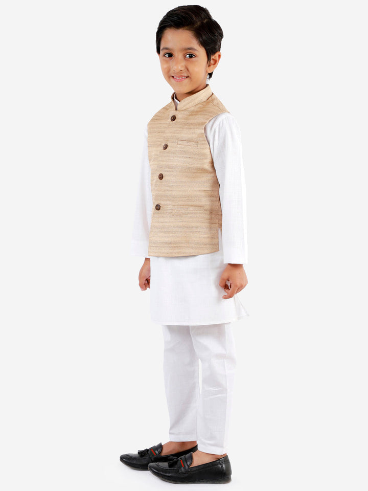 Vastramay Boys Beige And White Jacket, Kurta and Pyjama Set