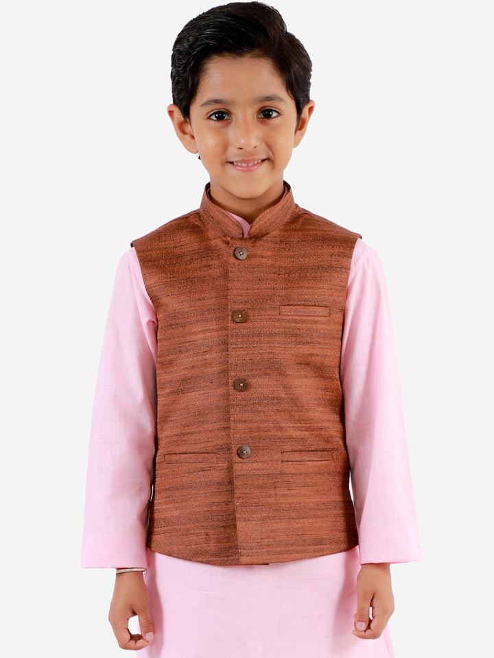 VASTRAMAY Boys Coffee Brown Matka Silk Blend Nehru Jacket