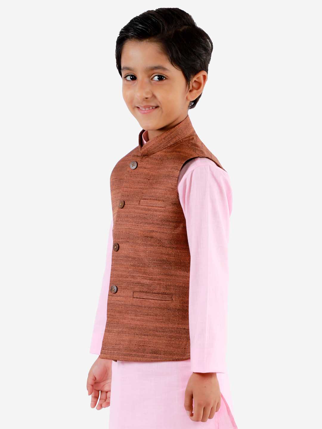 VASTRAMAY Boys Coffee Brown Matka Silk Blend Nehru Jacket