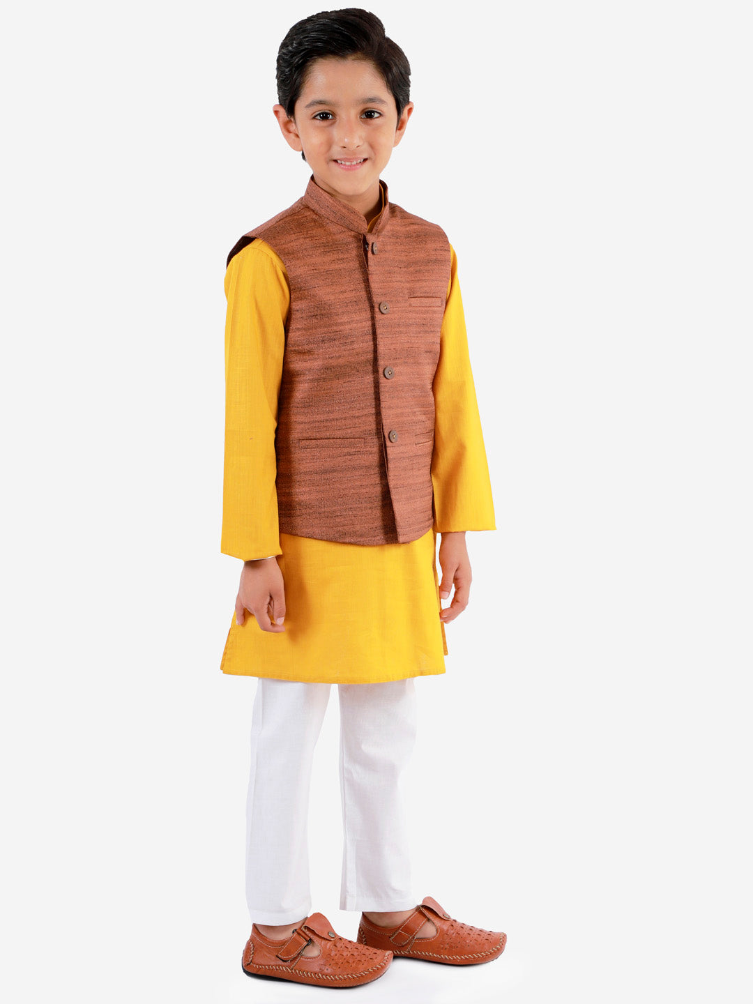 Vastramay Brown, Mustard And White Baap Beta Nehru Jacket Kurta Pyjama set