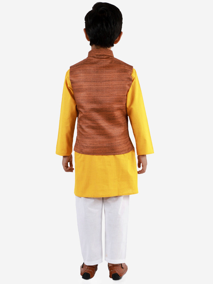 Vastramay Brown, Mustard And White Baap Beta Nehru Jacket Kurta Pyjama set