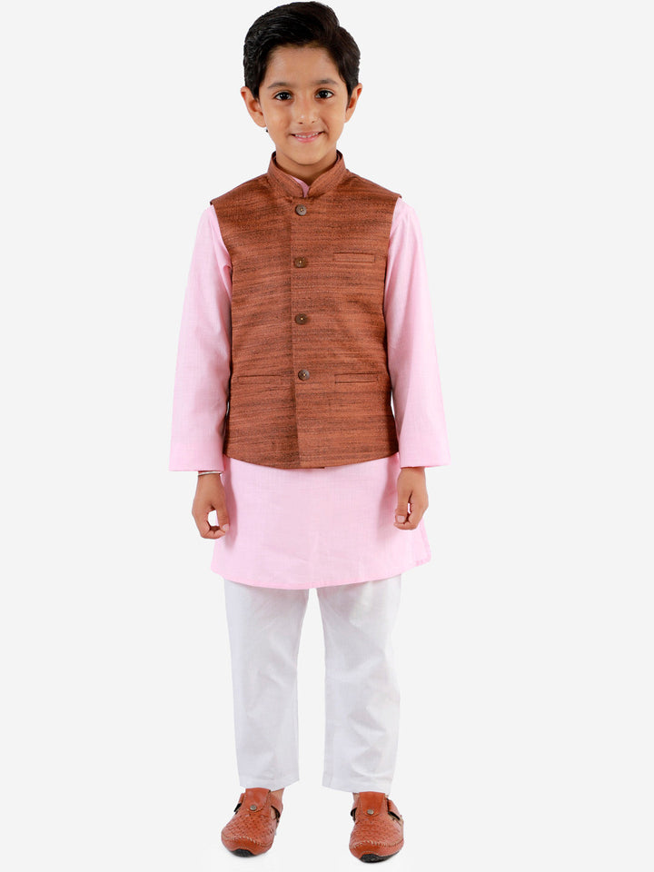 VASTRAMAY Boys Coffee Brown, Pink And White Jacket, Kurta and Pyjama Set