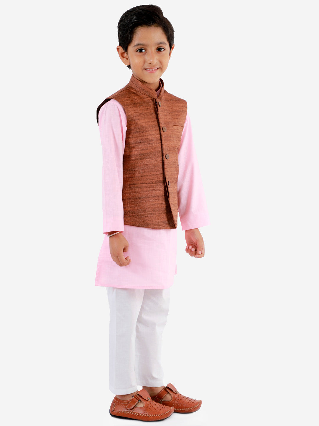 VASTRAMAY Boys Coffee Brown, Pink And White Jacket, Kurta and Pyjama Set