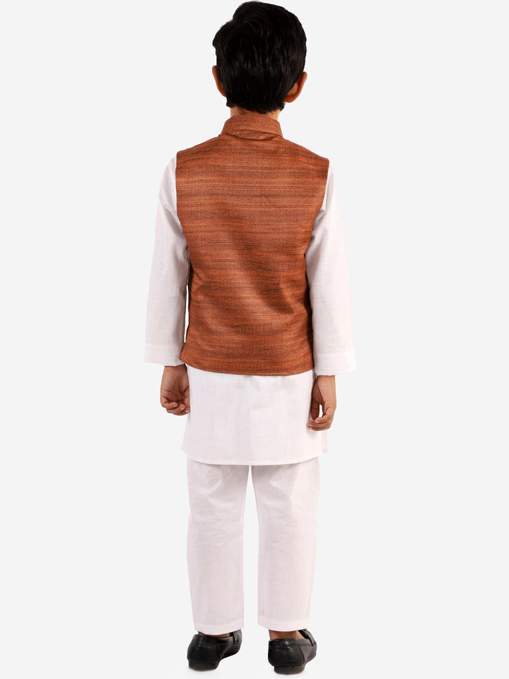 Vastramay Boys Coffee Brown And White Jacket, Kurta and Pyjama Set