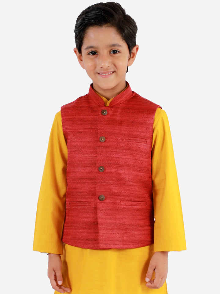 VASTRAMAY Boys Maroon Matka Silk Blend Nehru Jacket