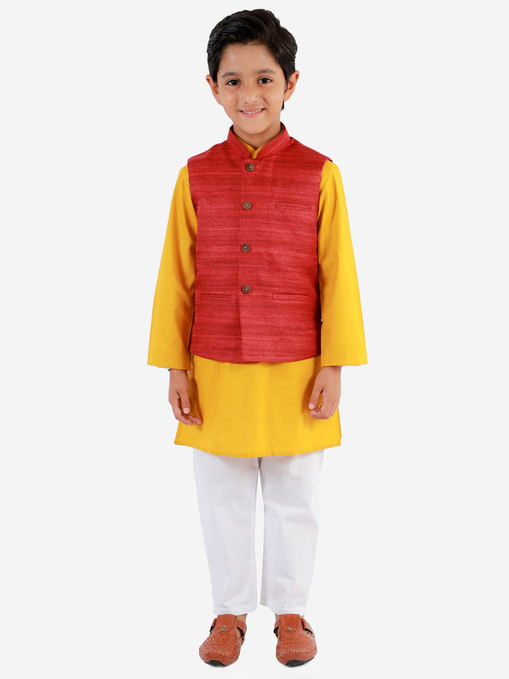 Vastramay Boys Maroon, Mustard And White Jacket, Kurta and Pyjama Set