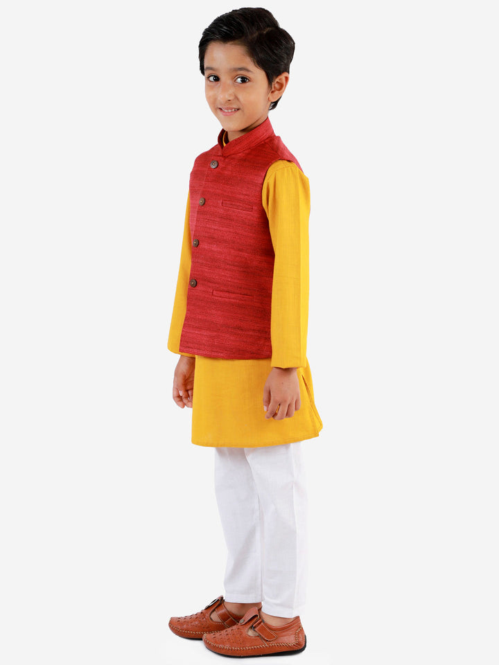 Vastramay Boys Maroon, Mustard And White Jacket, Kurta and Pyjama Set