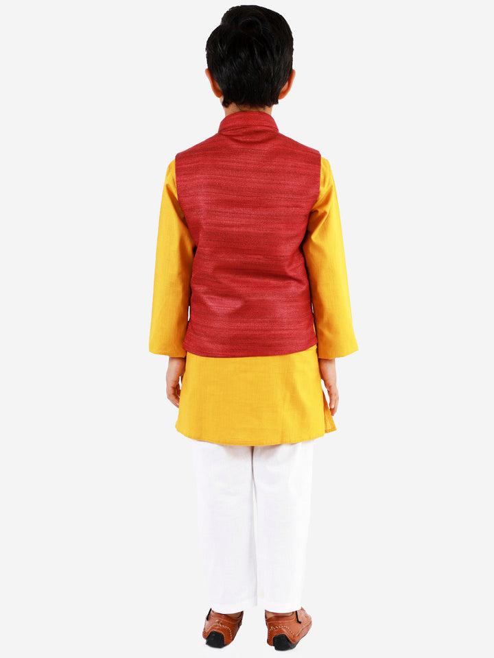 VASTRAMAY Maroon, Mustard And White Baap Beta Nehru Jacket Kurta Pyjama set