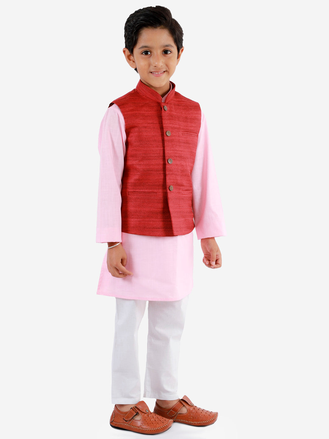 Vastramay Boys Maroon, Pink And White Jacket, Kurta and Pyjama Set