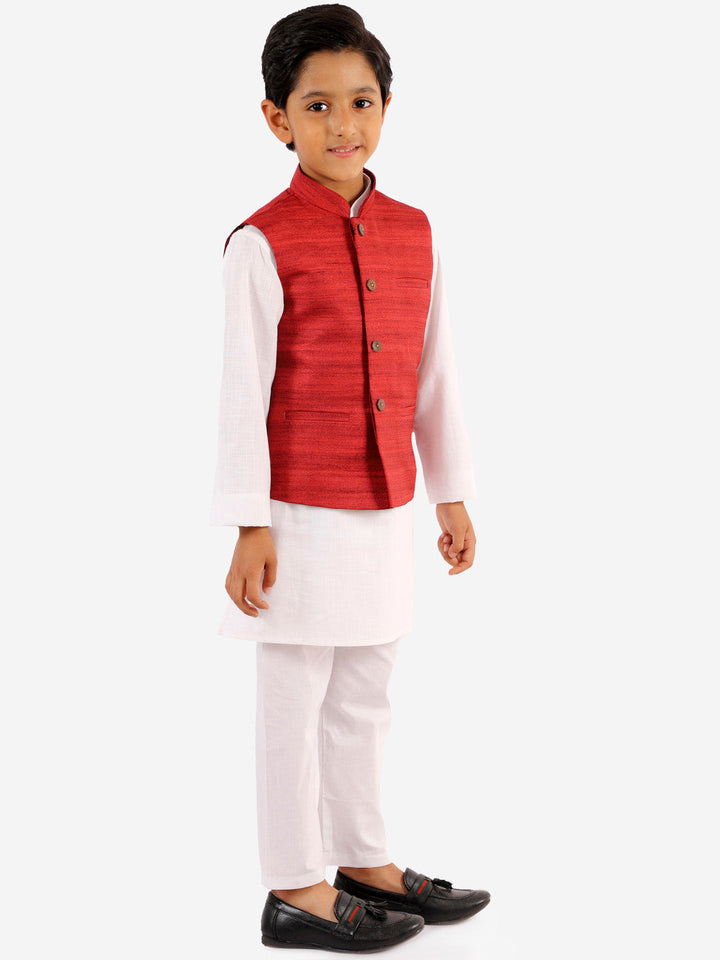 Vastramay Boys' Maroon And White Jacket, Kurta and Pyjama Set