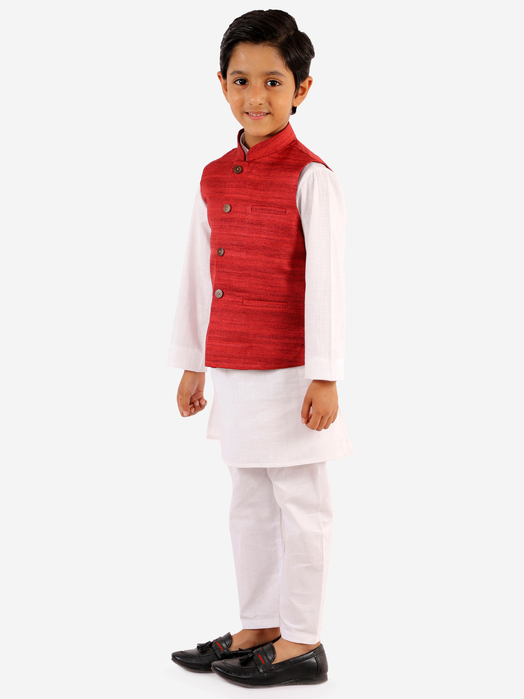 Vastramay Boys' Maroon And White Jacket, Kurta and Pyjama Set