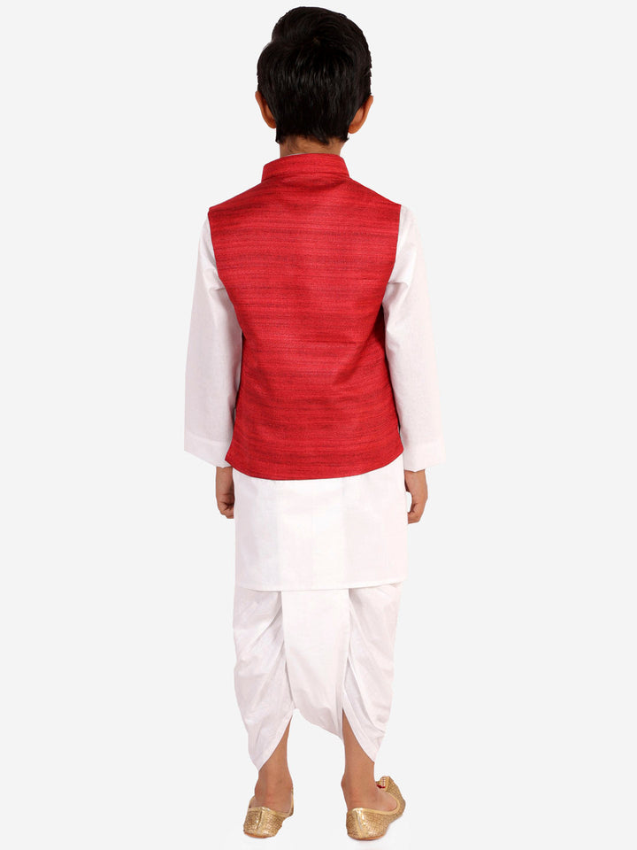 VASTRAMAY Maroon Cotton Silk Nehru Jacket & White Dhoti Kurta Baap Beta Set