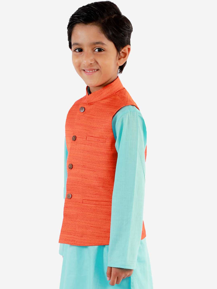 VASTRAMAY Boys Orange Matka Silk Blend Nehru Jacket