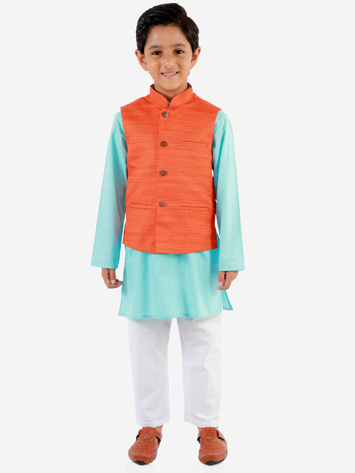 Vastramay Boys Orange, Aqua And White Jacket, Kurta and Pyjama Set