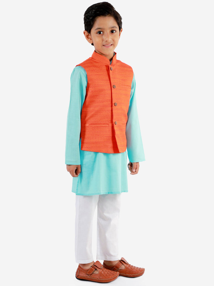 VASTRAMAY Orange And Turquoise Color White Baap Beta Nehru Jacket Kurta Pyjama set