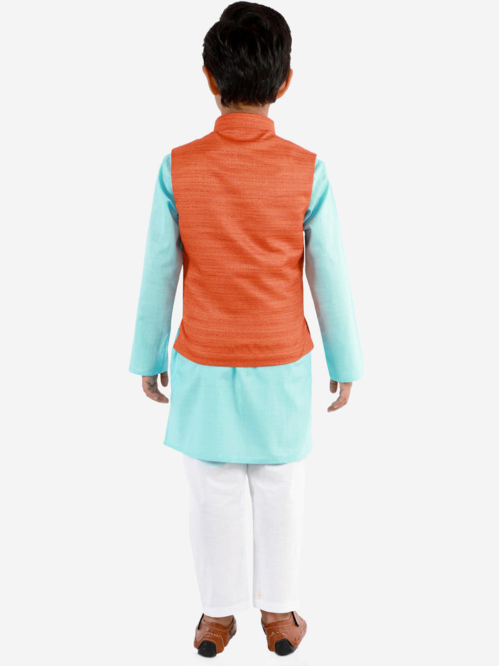 Vastramay Boys Orange, Aqua And White Jacket, Kurta and Pyjama Set