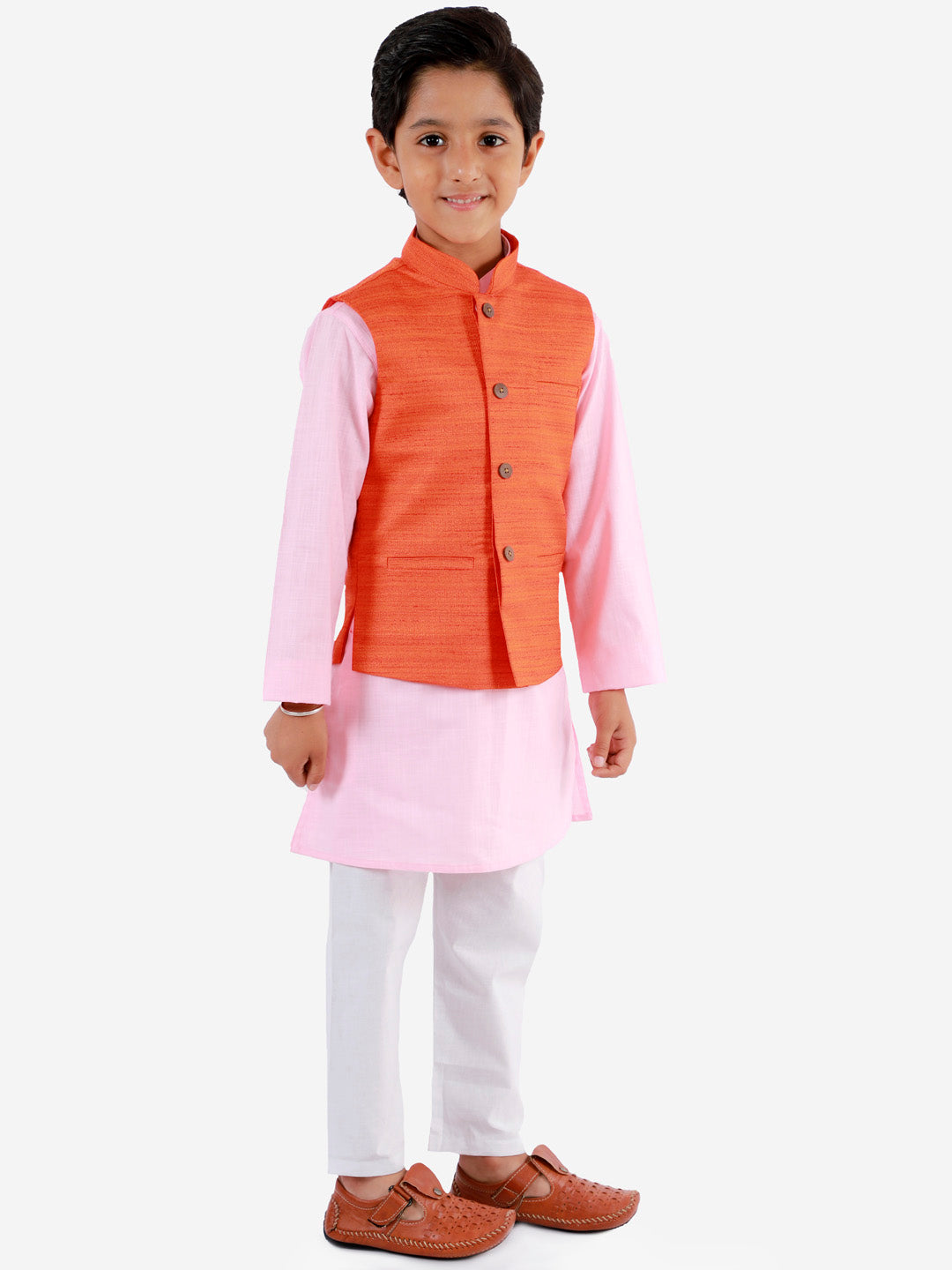 Vastramay Boys Orange, Pink And White Jacket, Kurta and Pyjama Set